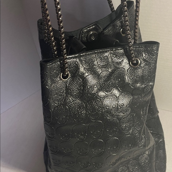 SKULLS- Faux Leather Embossed Skull Black Textured Bucket Bag with Chain Handles - Picture 13 of 16